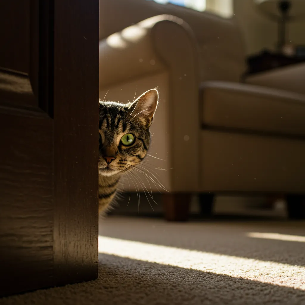  Curious tabby cat attempting to escape through an open door.