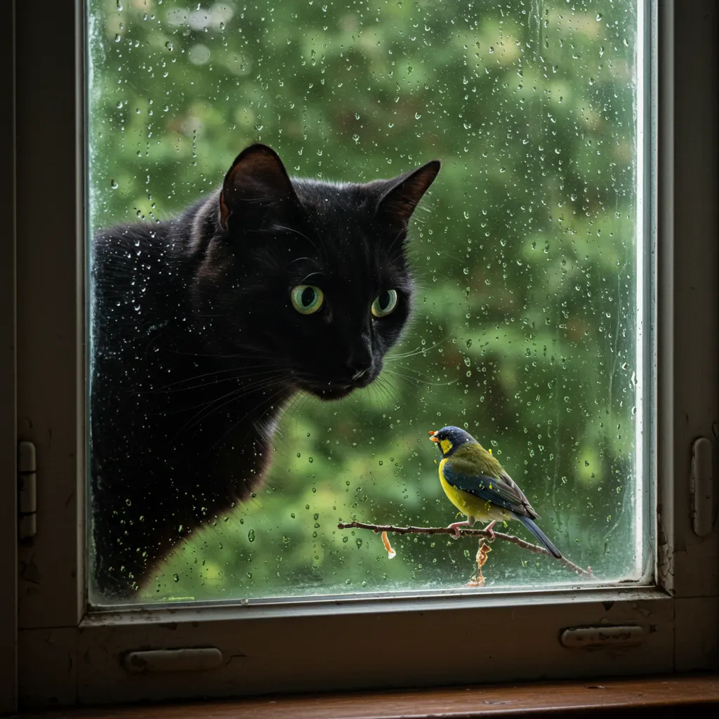 Cat staring Escape at a bird outside, showing hunting instincts.