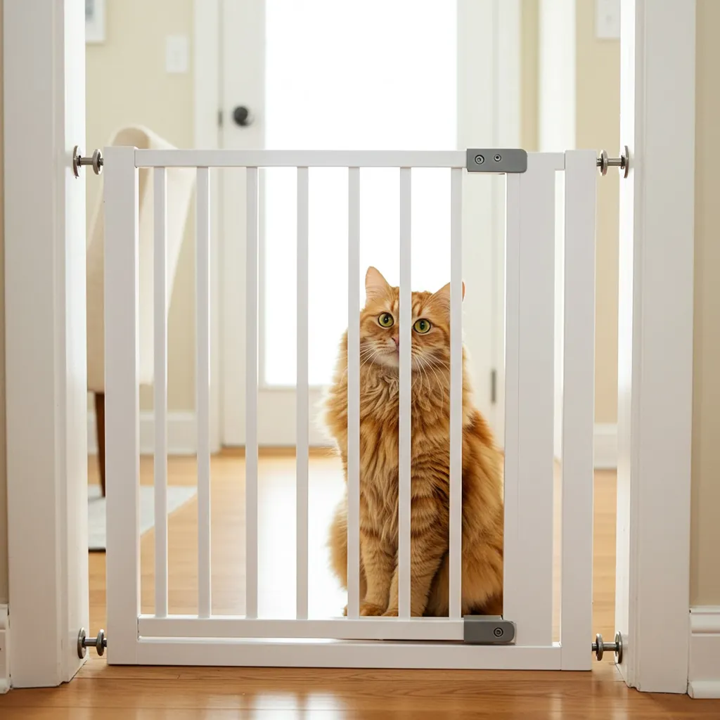 Baby gate preventing a cat from reaching an open door