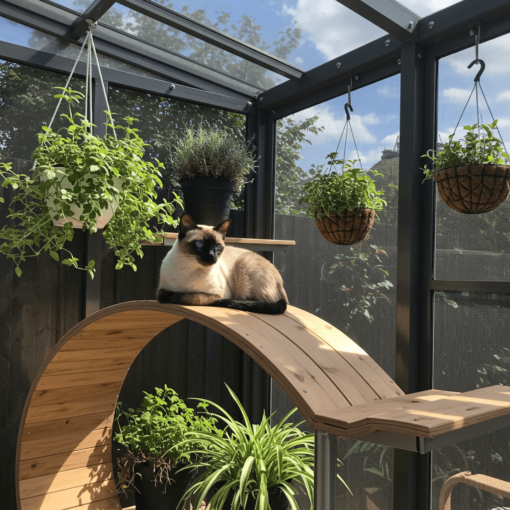 Cat relaxing in a secure outdoor catio enclosure.