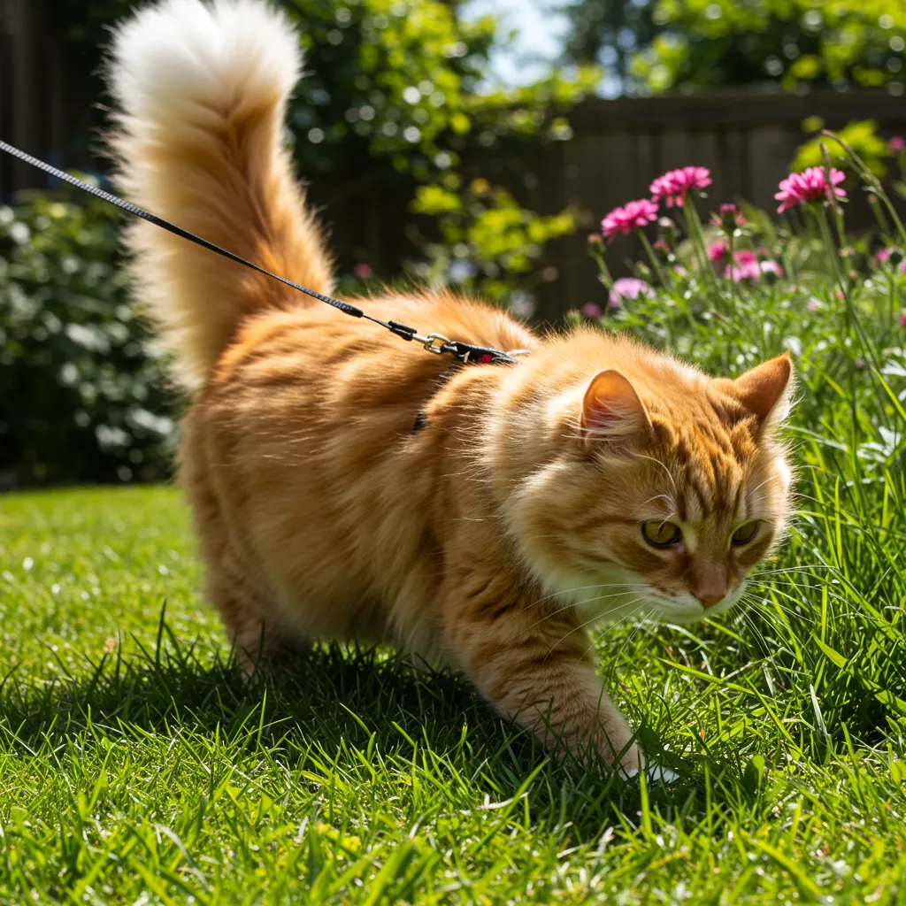 Cat learning leash walking for safe outdoor time.