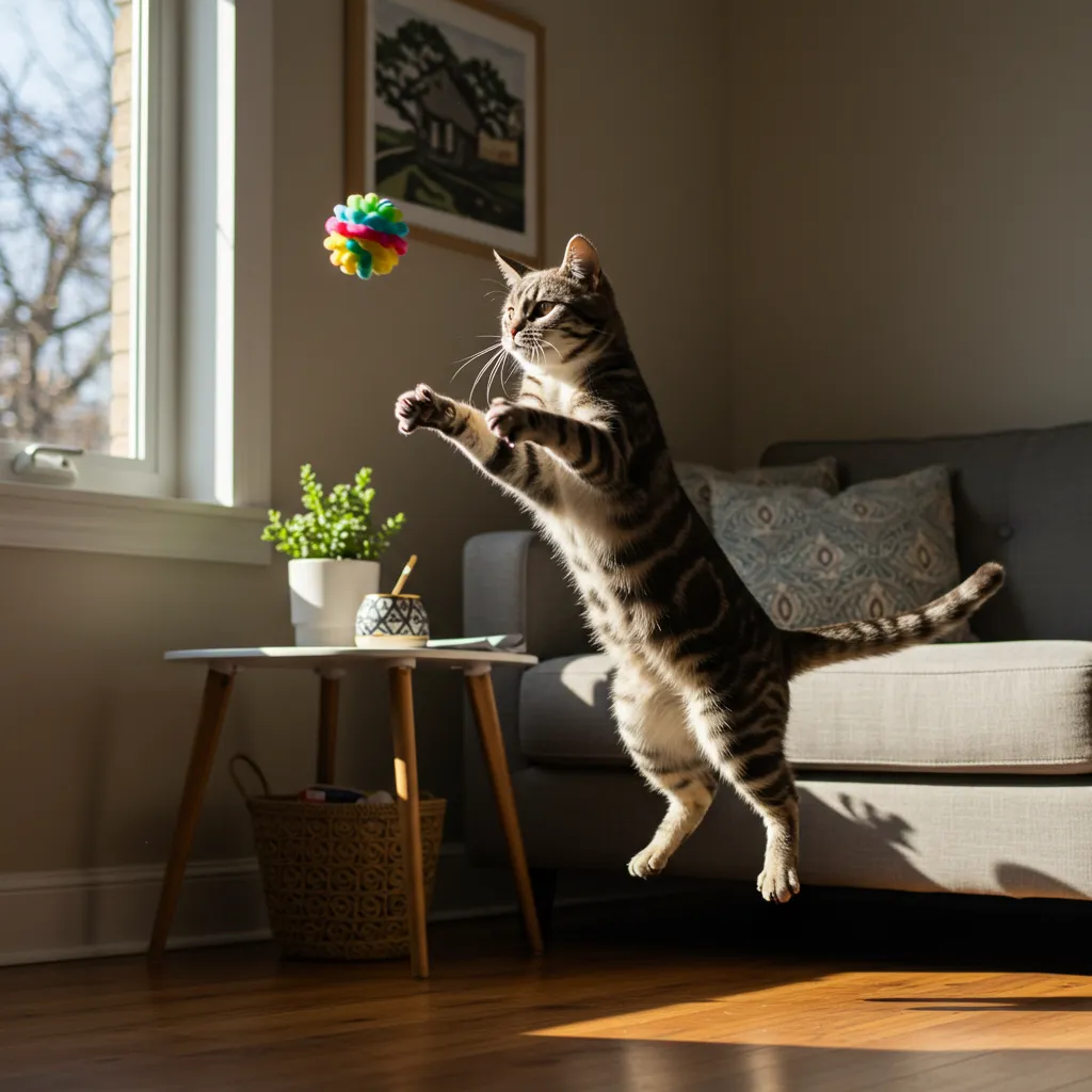 Playful cat jumping to catch a crinkle ball during fetch training.