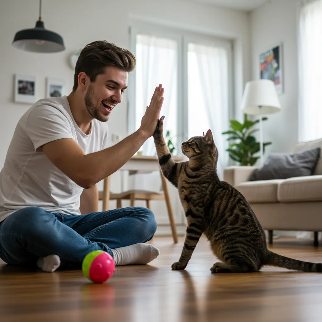  Cat and owner bonding over fetch training with a toy ball.