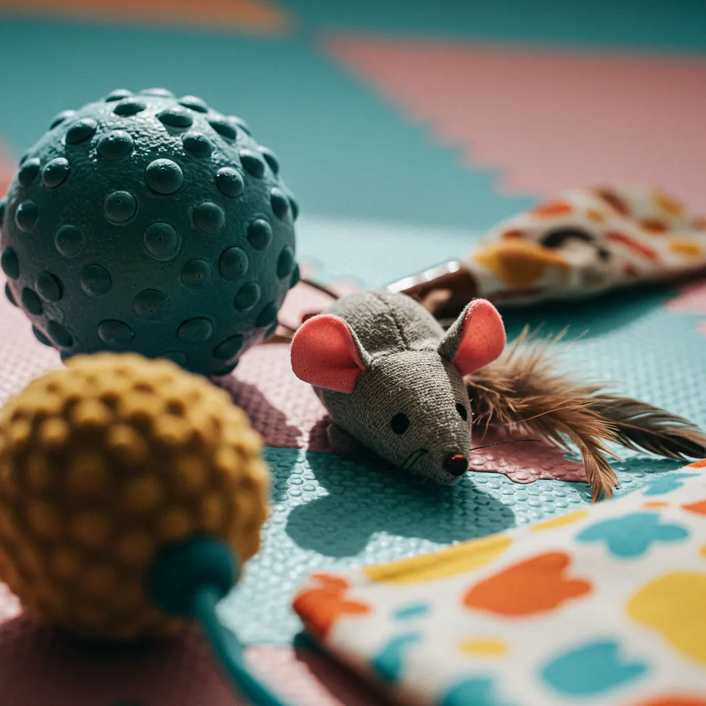 Selection of cat fetch toys, including crinkle balls and stuffed mice.