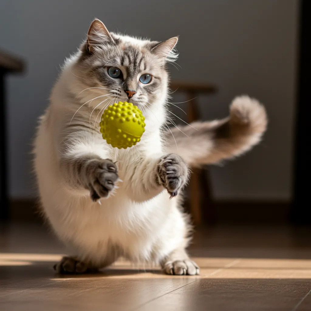 Cat chasing a crinkly ball during fetch training.