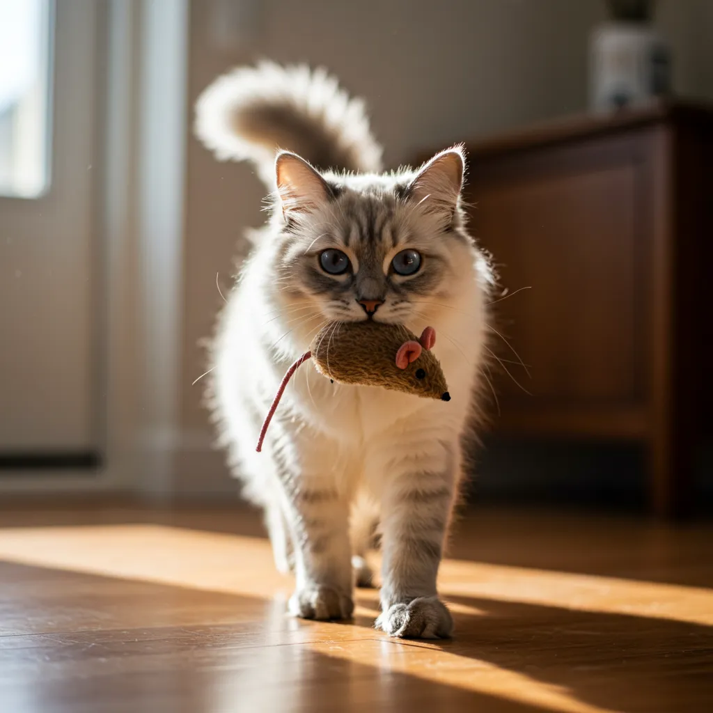 Cat retrieving a stuffed mouse toy during fetch training.