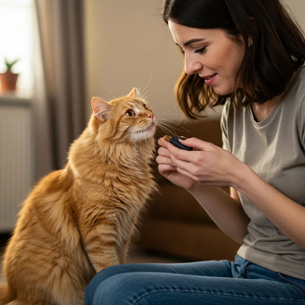Owner using positive reinforcement with treats during cat training.