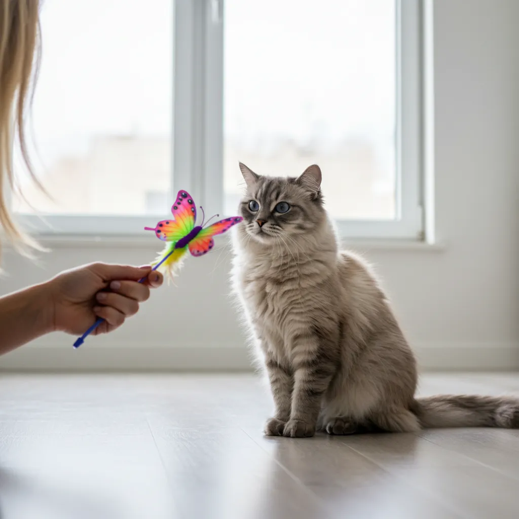 Cat focused on a toy during a fetch training session.