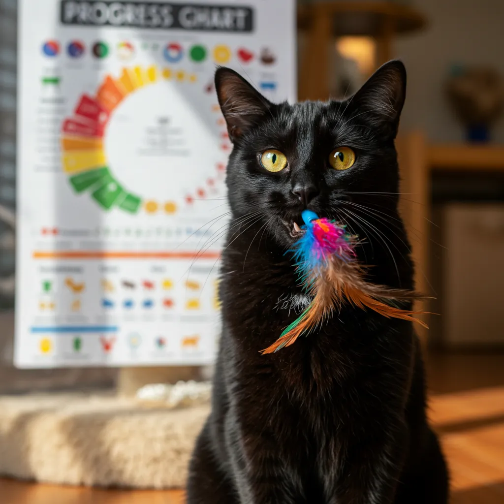 Cat with a fetch toy next to a training progress chart.