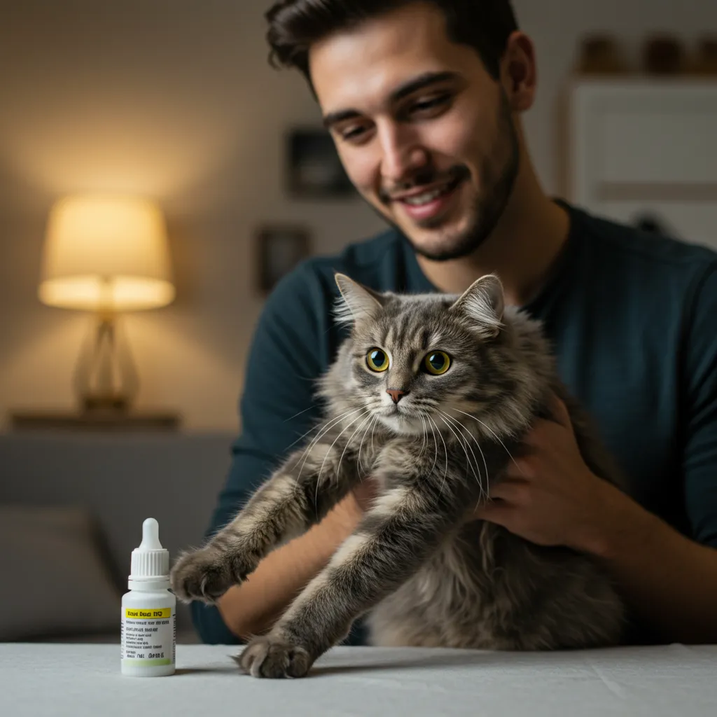 Happy cat ready for ear drops in a calm home setting.