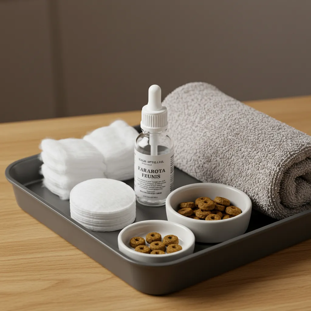 Supplies for administering cat ear drops, including drops, cotton, and treats.
