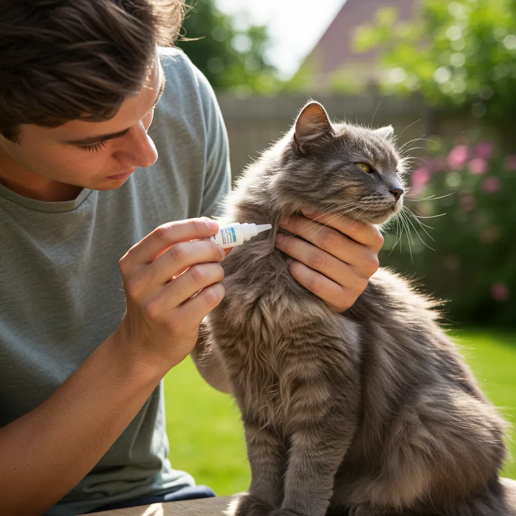 Applying spot-on medication to a cat’s neck for flea control.