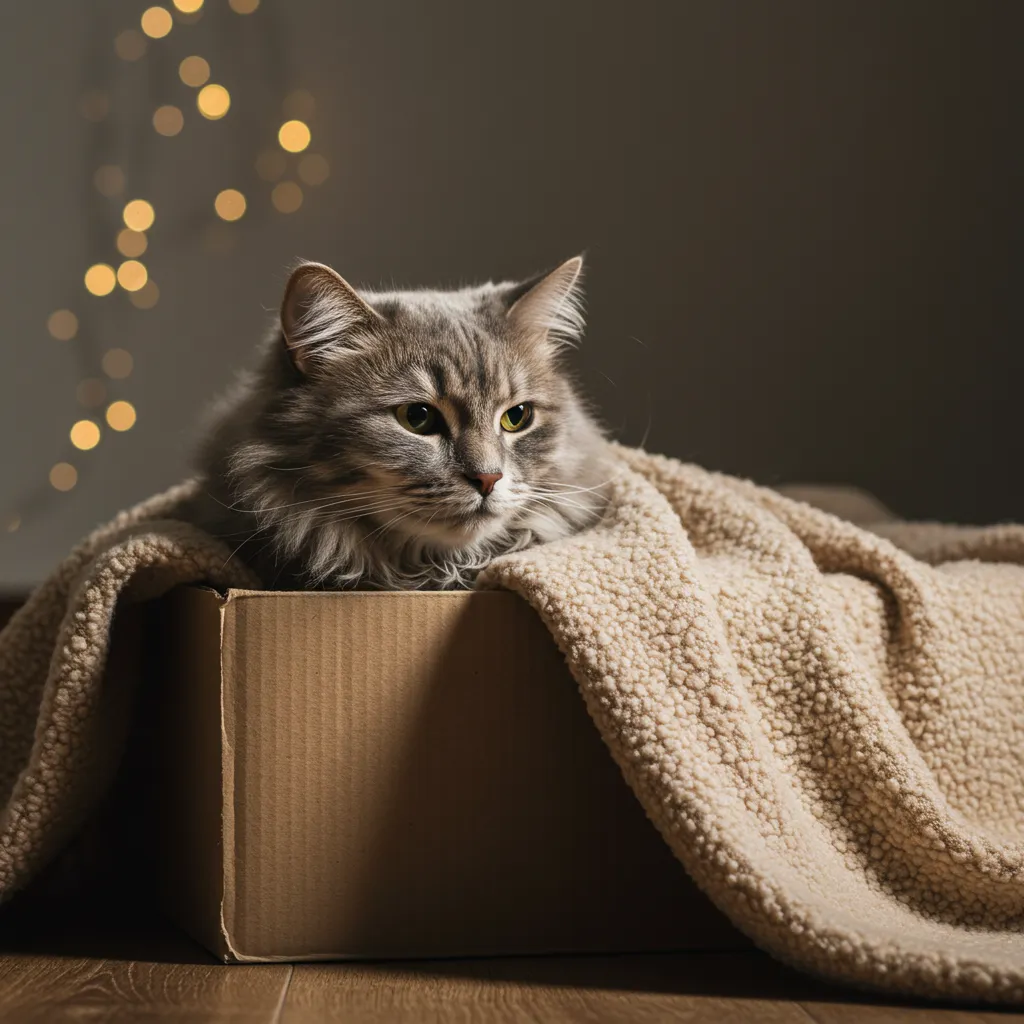 Cozy cat hiding in a cardboard box, a common sign of stress in cats seeking a safe space.