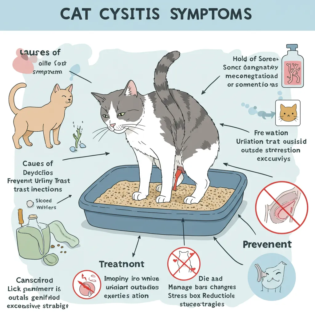 Infographic of cat cystitis symptoms showing a stressed cat straining in the litter box.