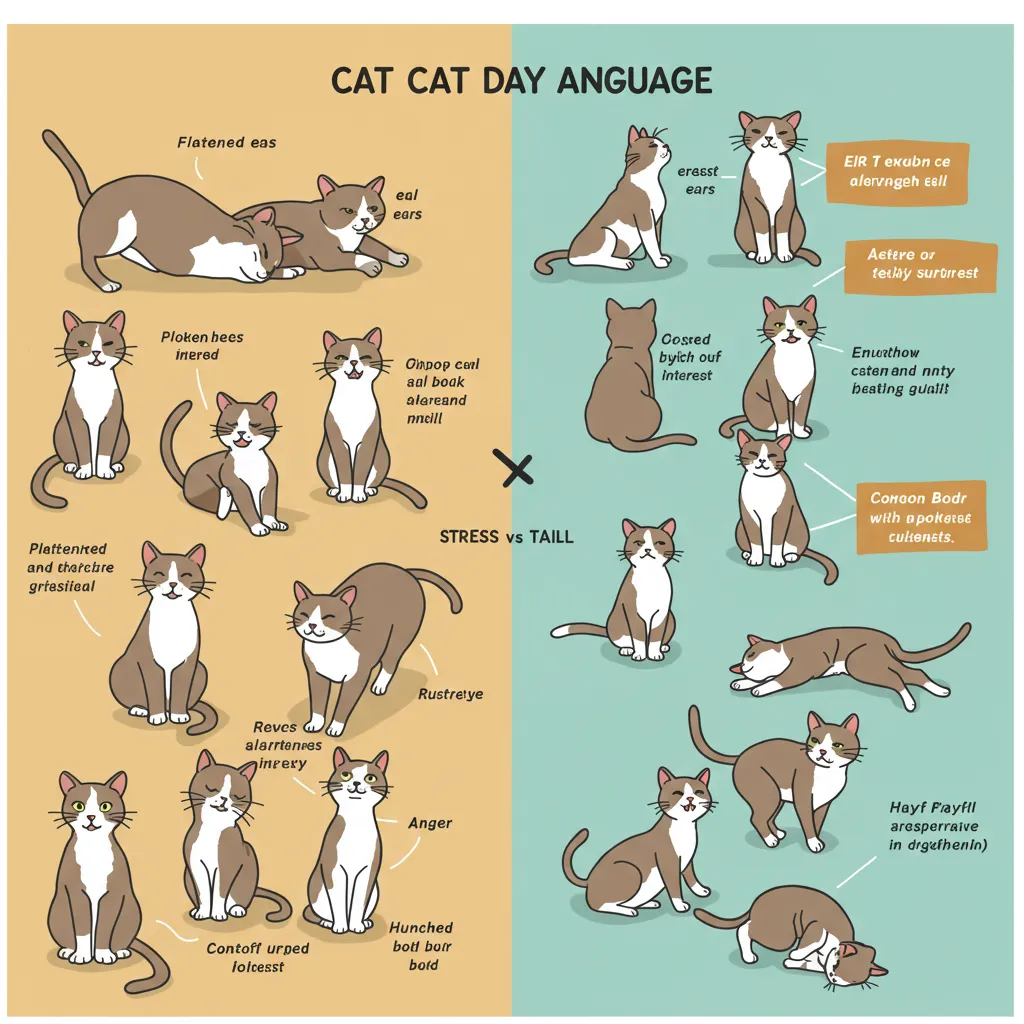 Diagram of cat body language meaning, highlighting stress indicators like tucked tails and flattened ears.