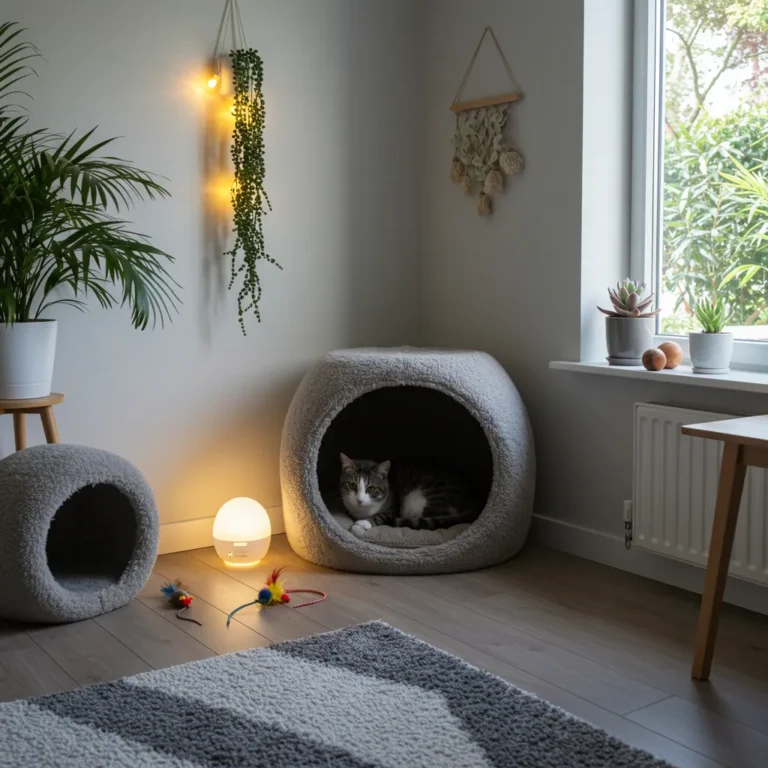 Cozy cat nook with a Feliway diffuser for cats to promote cat stress relief. sign