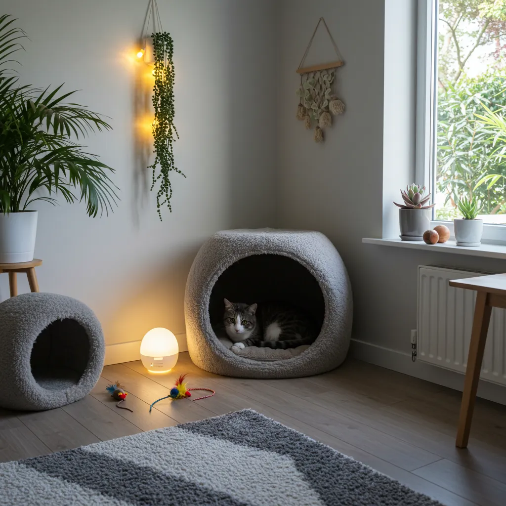 Cozy cat nook with a Feliway diffuser for cats to promote cat stress relief.