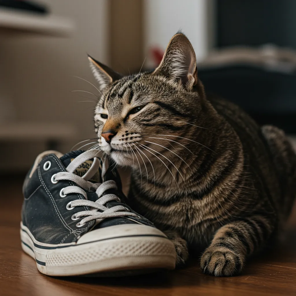 Tabby cat rubbing on a sneaker, showcasing feline affection and scent marking behavior.