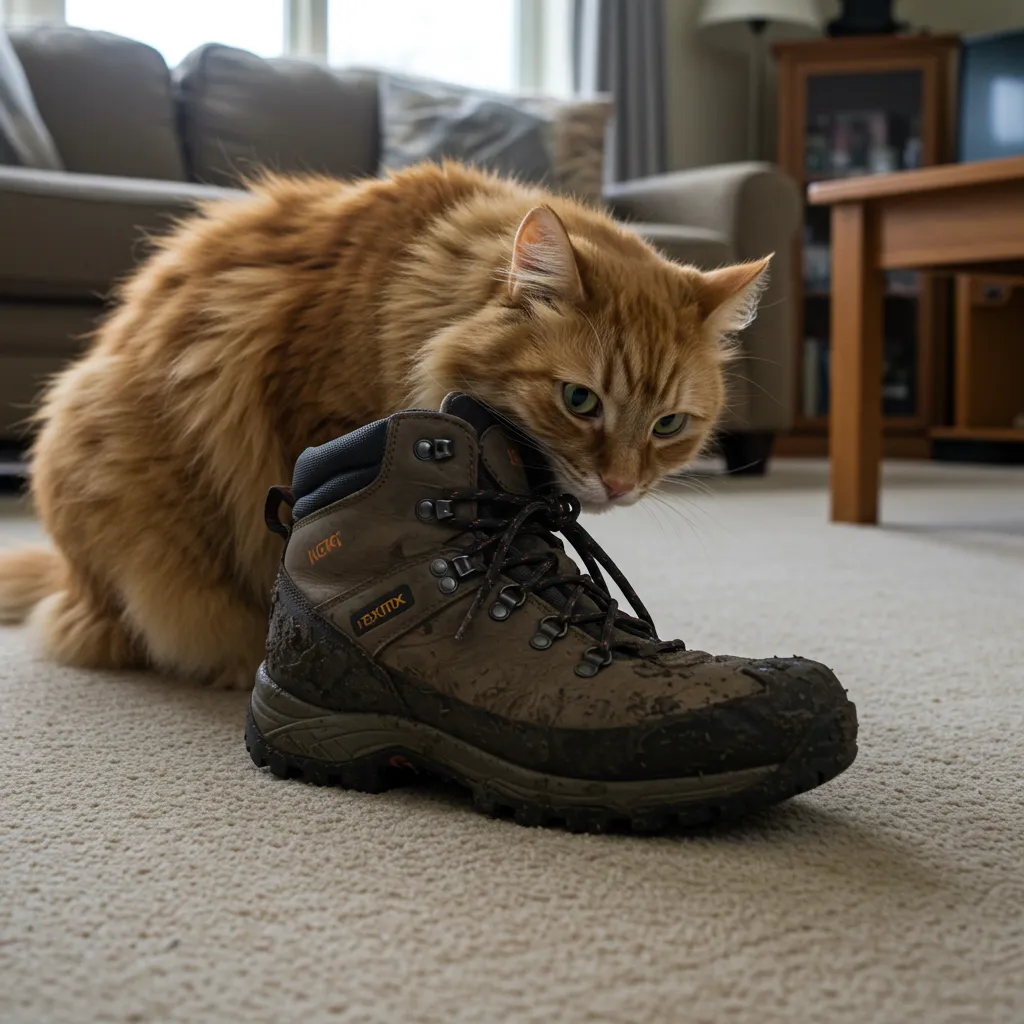 Cat sniffing a muddy boot, exploring scents as part of feline scent marking behavior.