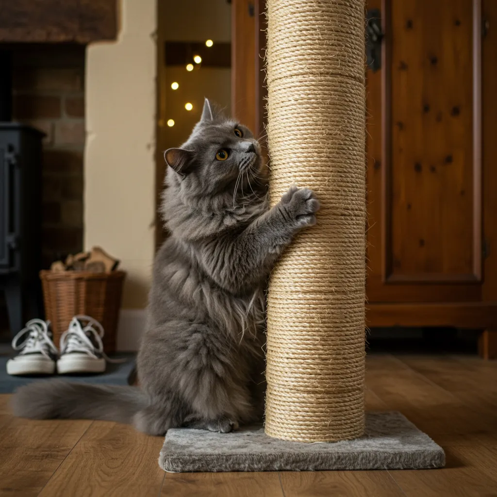 Cat using a scratching post for scent marking, an alternative to rubbing on shoes.