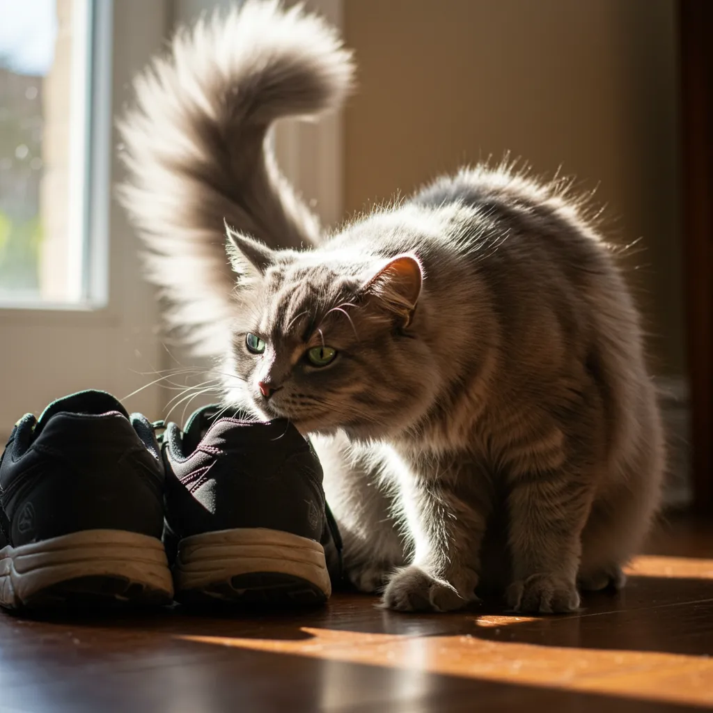 Fluffy cat showing affection by rubbing on sneakers, demonstrating feline bonding behavior.