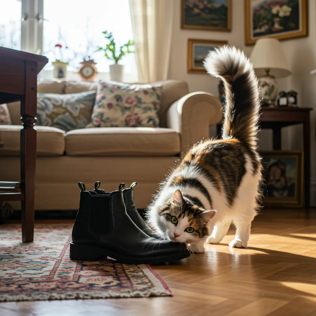  Cat rolling on boots, displaying playful and trusting body language.