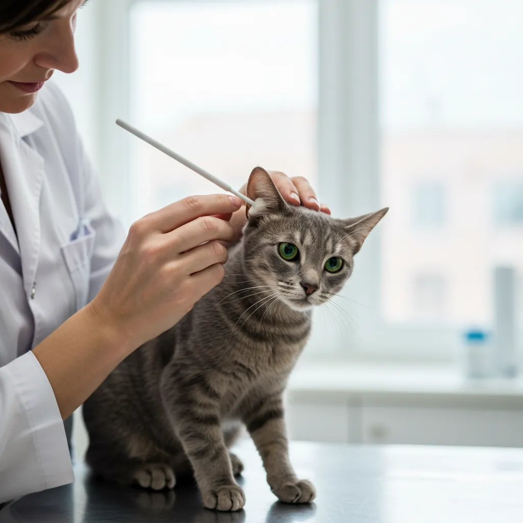 Vet diagnosing cat ear hair loss with an ear swab.