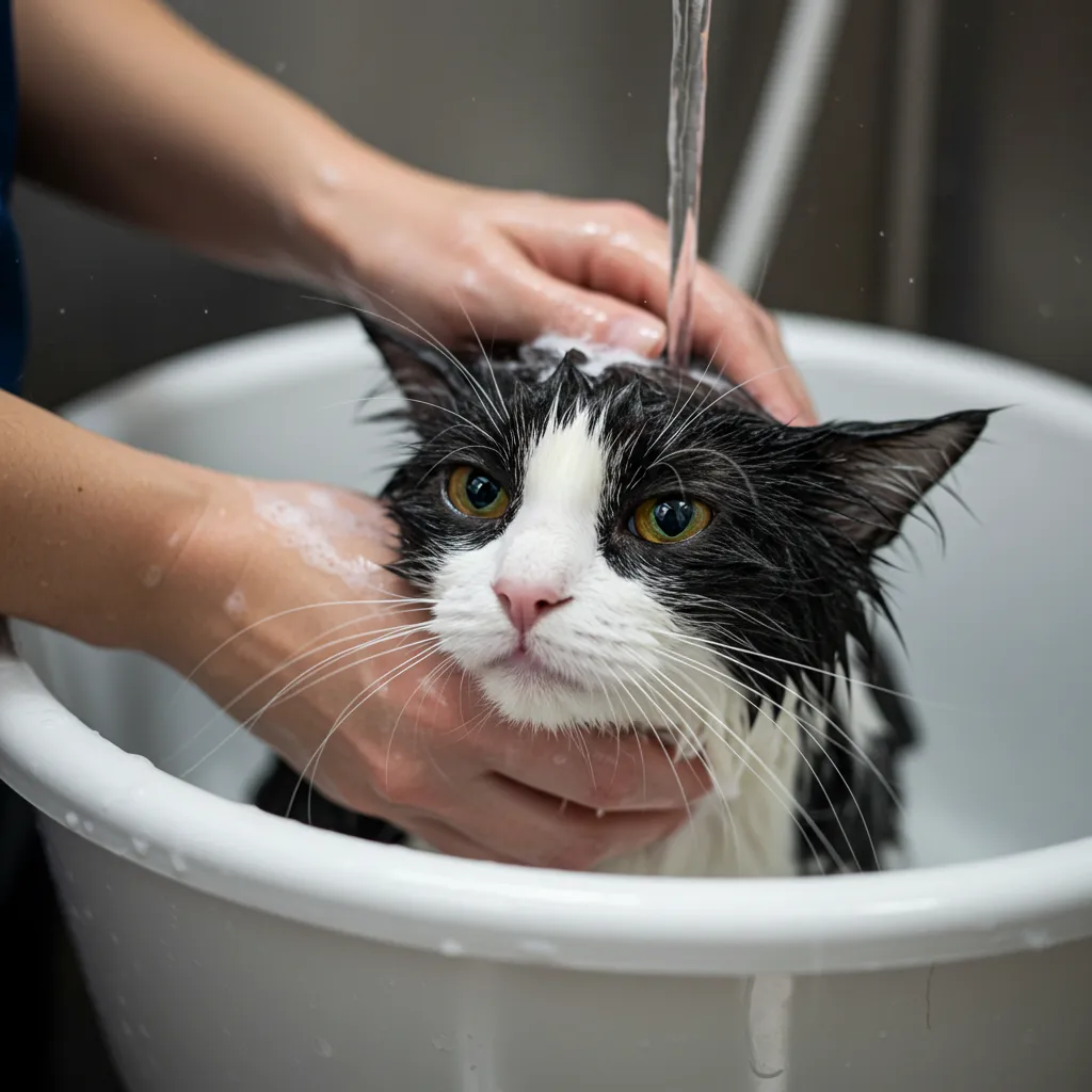 Cat receiving medicated shampoo for fungal ear infection.