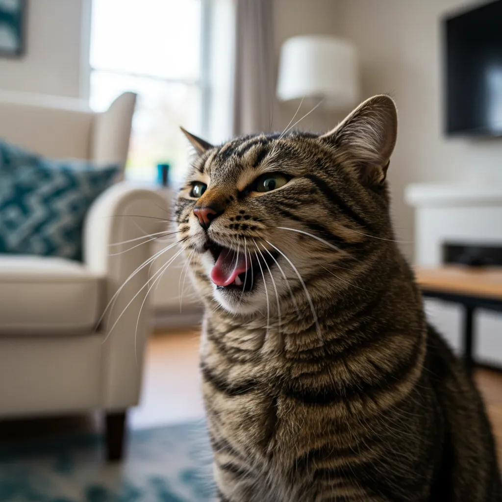 Tabby cat sneezing in a cozy living room, illustrating why cats sneeze on their owners.