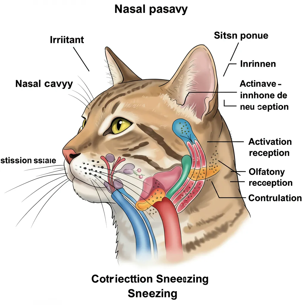 Diagram of cat nasal passages explaining feline sneezing triggers.
