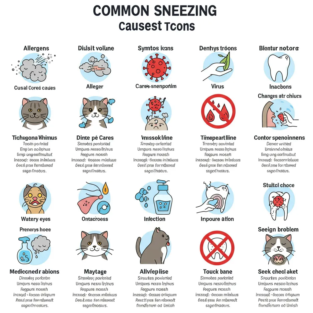 Table of cat sneezing causes, symptoms, and actions for easy reference.