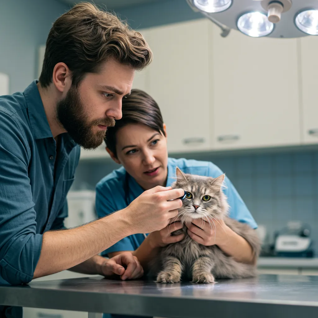 Vet examining a sneezing cat, highlighting when to worry about feline sneezing.