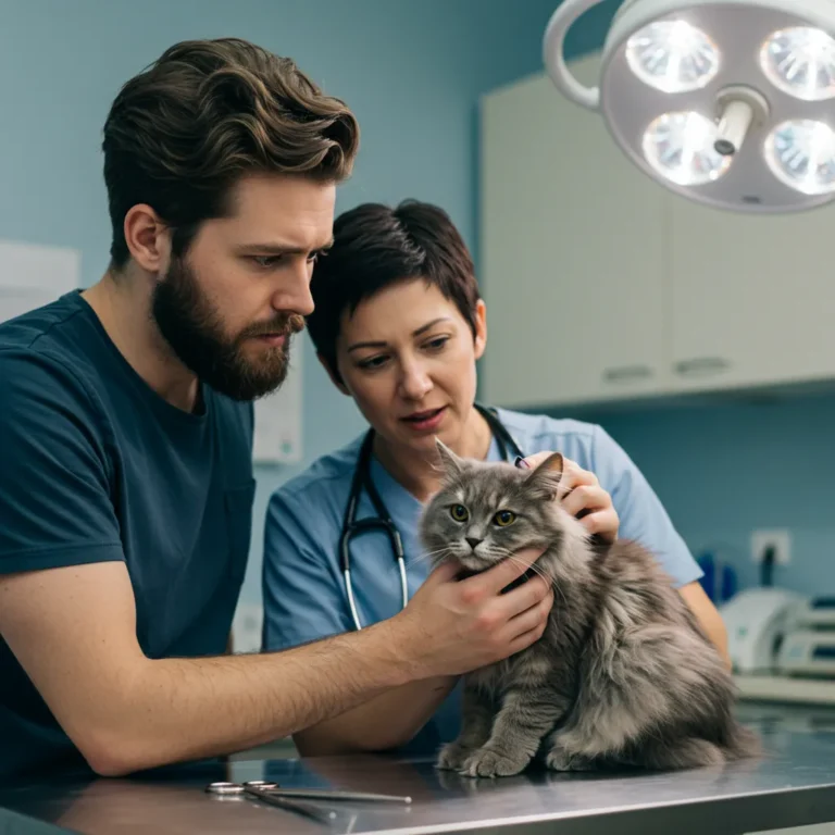 Vet examining a sneezing cat, highlighting when to worry about feline sneezing.