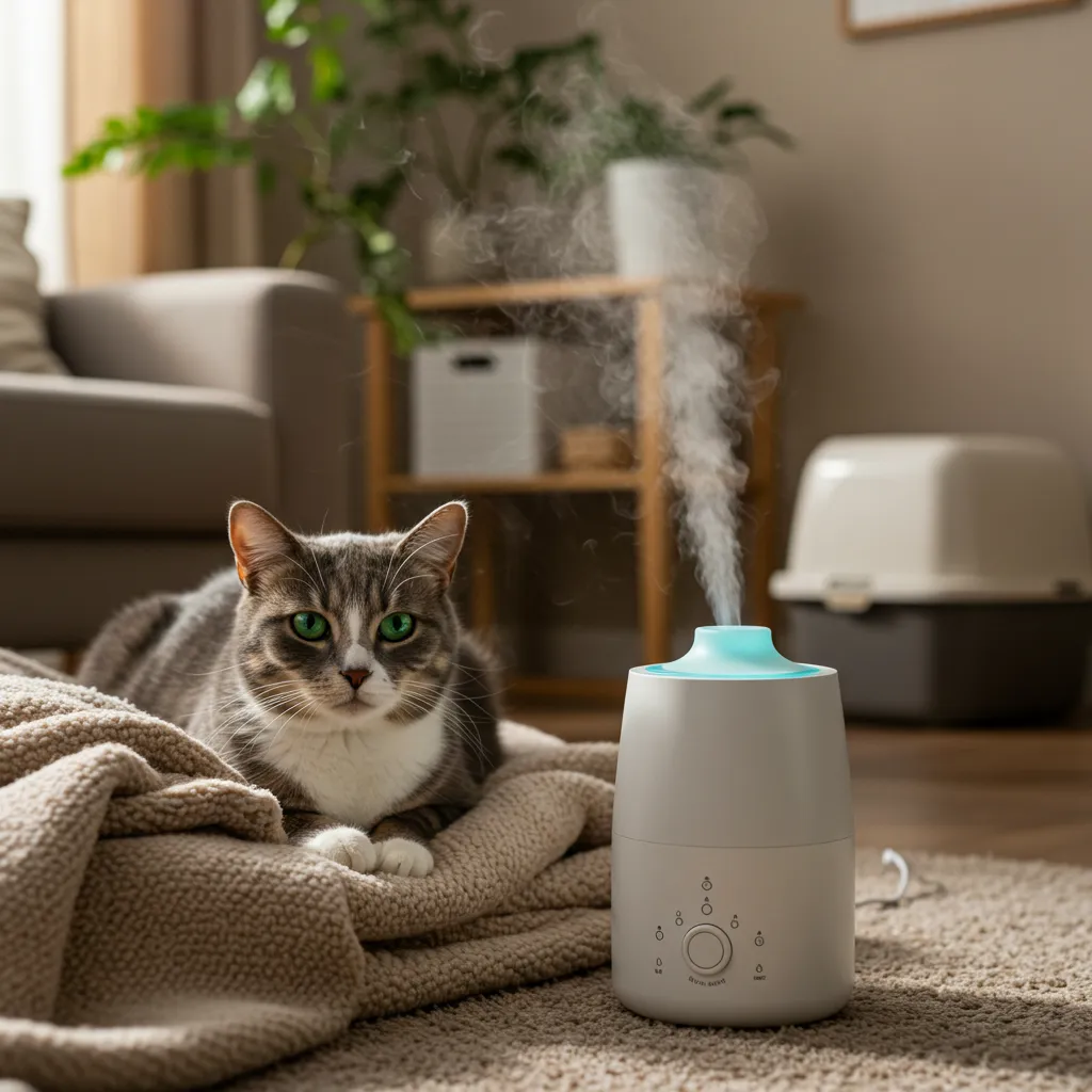 Cat near a humidifier in a clean home, showing cat sneezing home remedies.