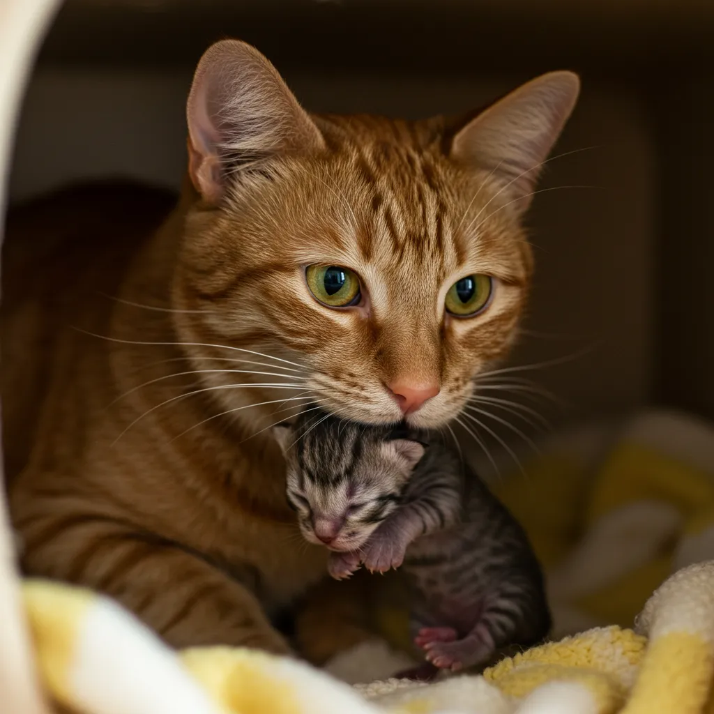 Mother cat carrying a kitten to a cozy nesting box, showcasing feline maternal instincts.