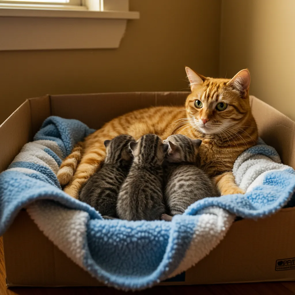  Cozy nesting box with a mother cat nursing kittens in a quiet, safe space.