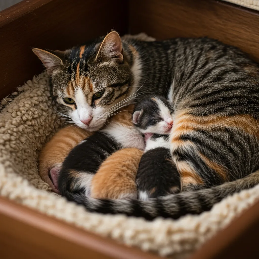 Newborn kittens nursing in a warm, cozy nesting box with their mother.