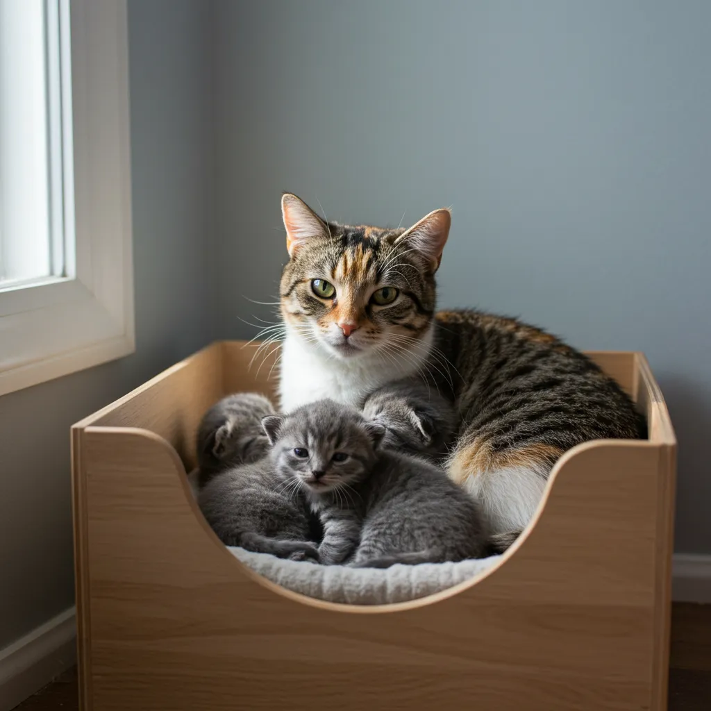 Mother cat with kittens in a new, cozy nesting box, preventing under-bed relocation.
