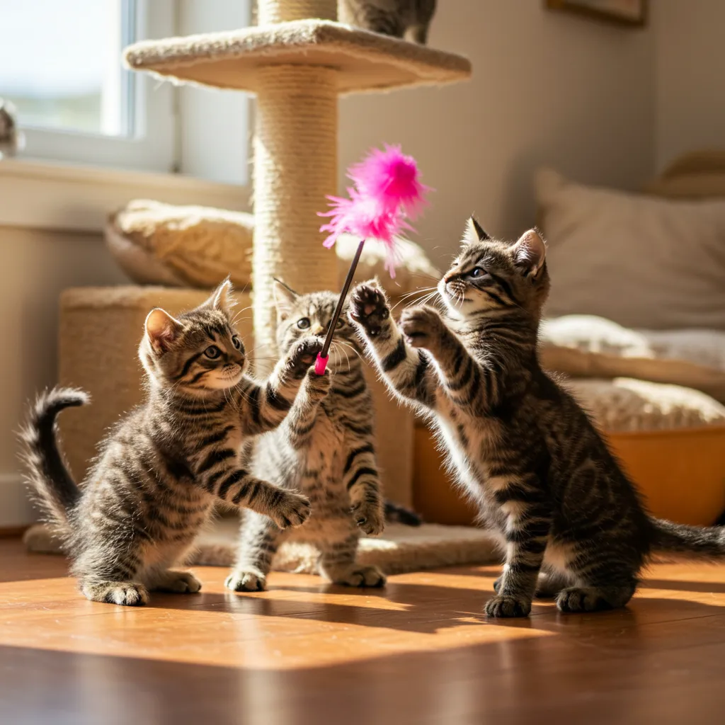  Kittens engaging in healthy play with toys and a scratching post.