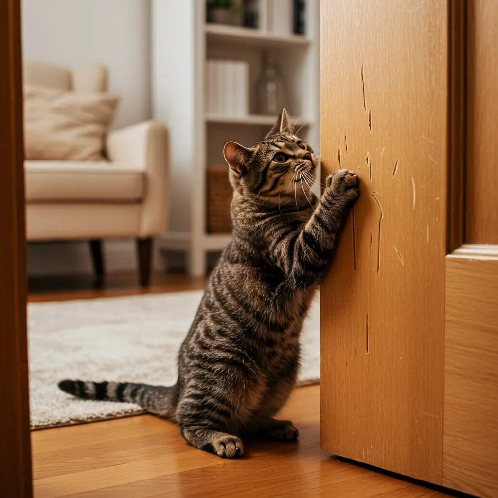 Tabby cat scratching a wooden door frame in a living room.