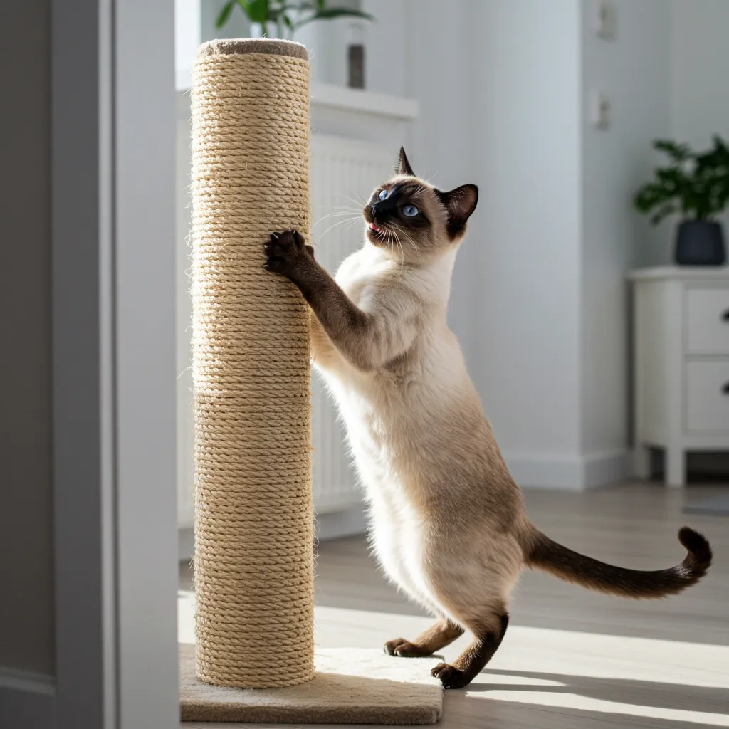 Siamese cat using a tall sisal scratching post near a door frame.