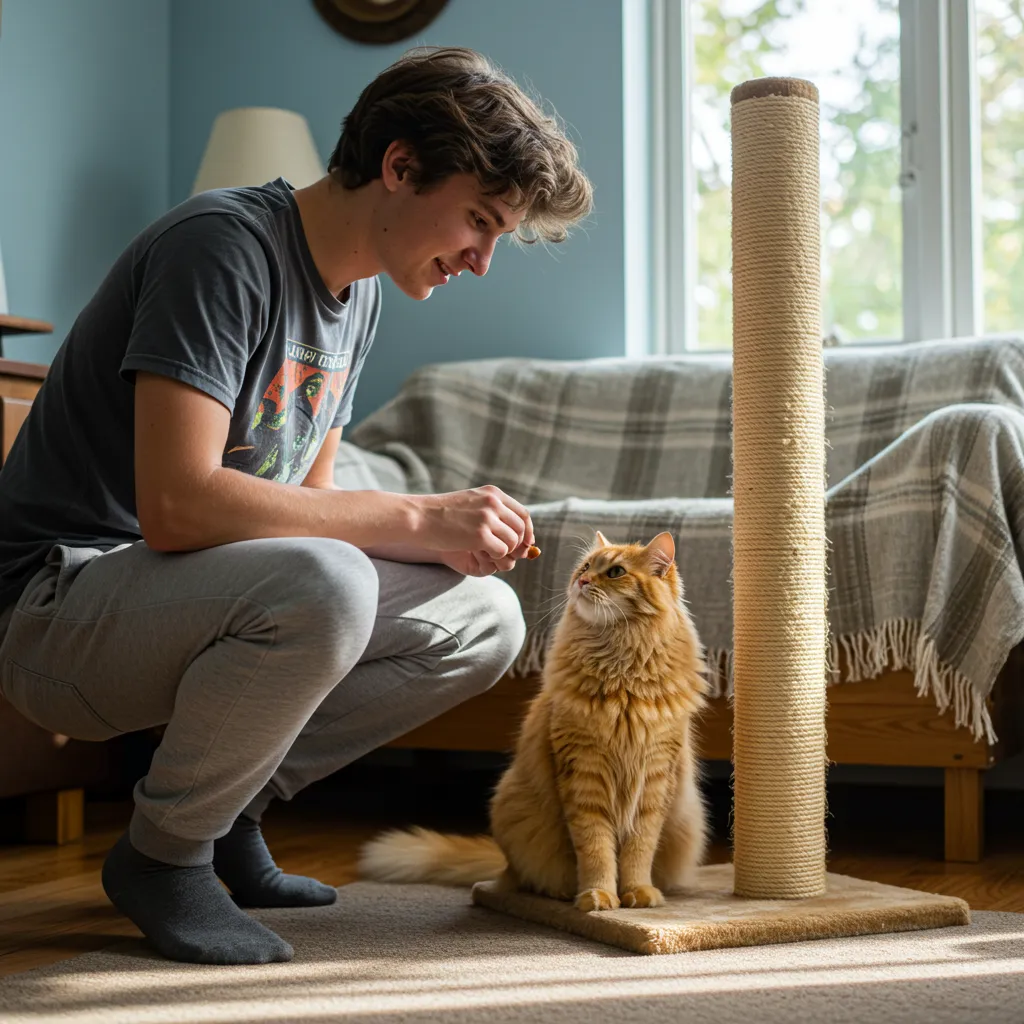 Person rewarding a fluffy cat with a treat for using a scratching post.
