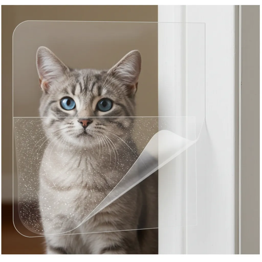 Clear vinyl scratch shield protecting a white door frame from cat scratches.