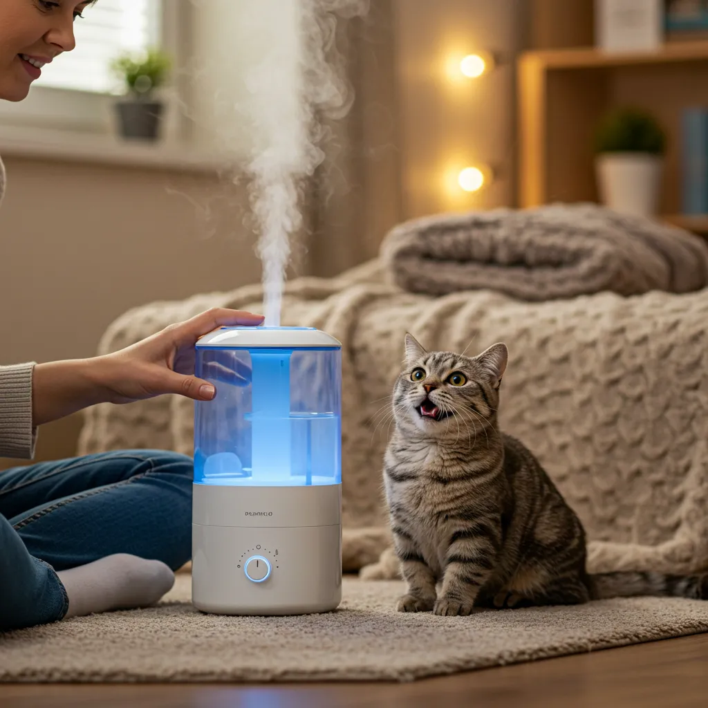 Cat owner with a humidifier supporting Munchkin cat’s respiratory health.
