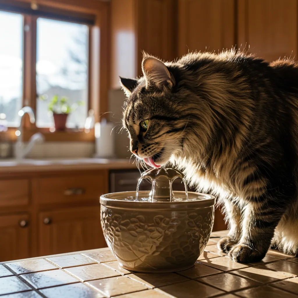 Norwegian Forest cat drinking from a pet water fountain for hydration.