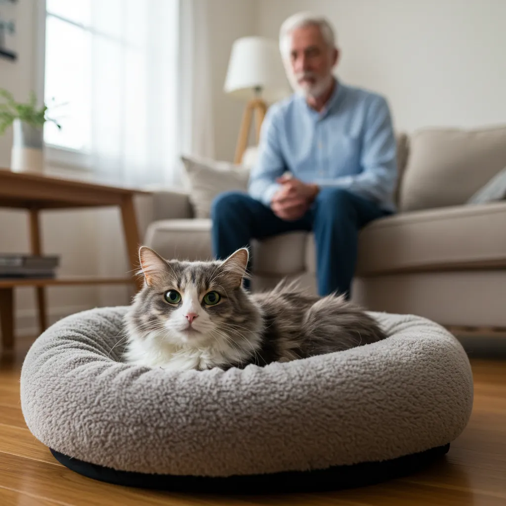  Cat resting in a pet bed with owner after a CT scan procedure.