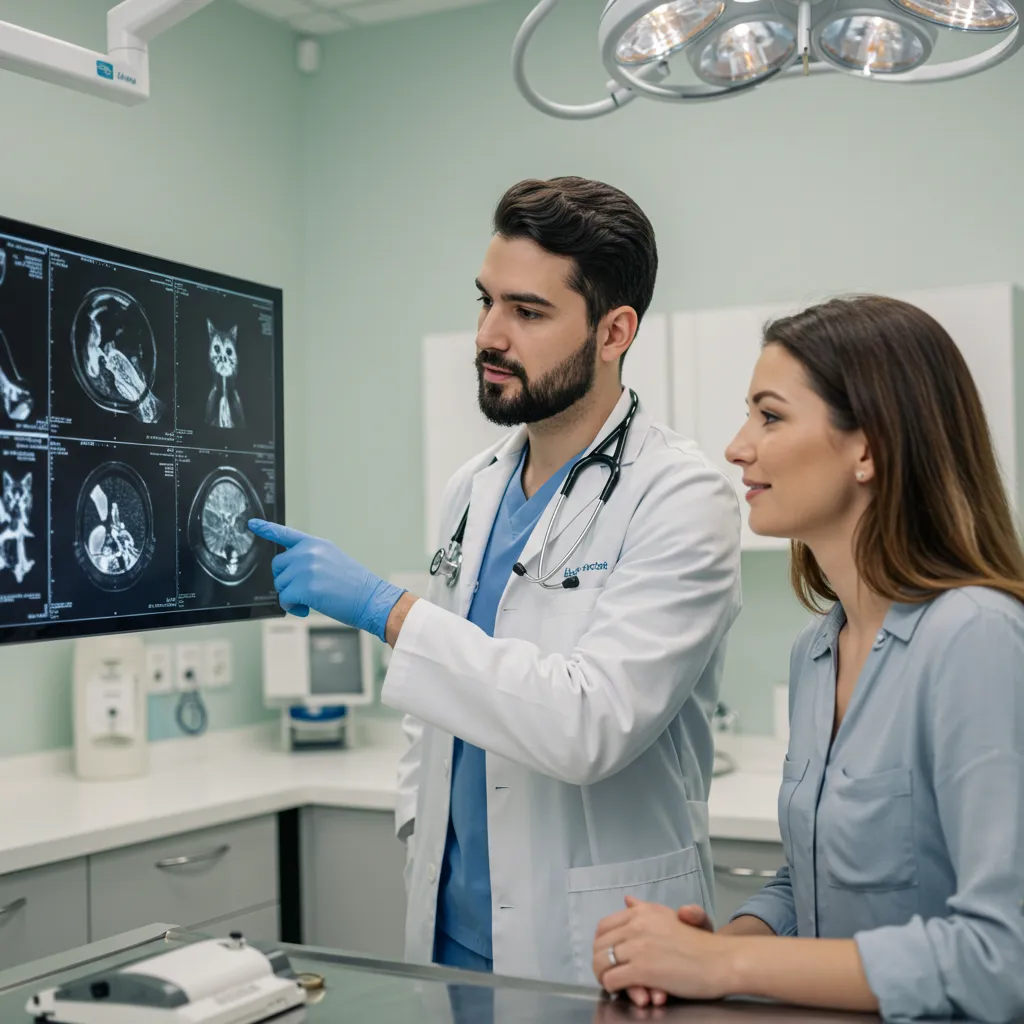Veterinarian explaining cat CT scan results to an owner in a clinic.