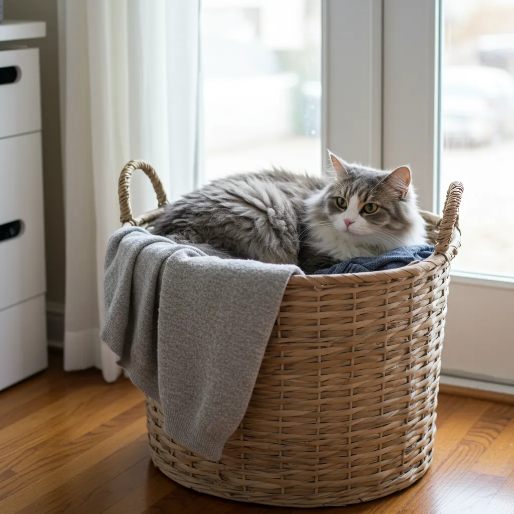 Fluffy cat purring in a laundry basket filled with soft clothes, showcasing cat purring behavior.