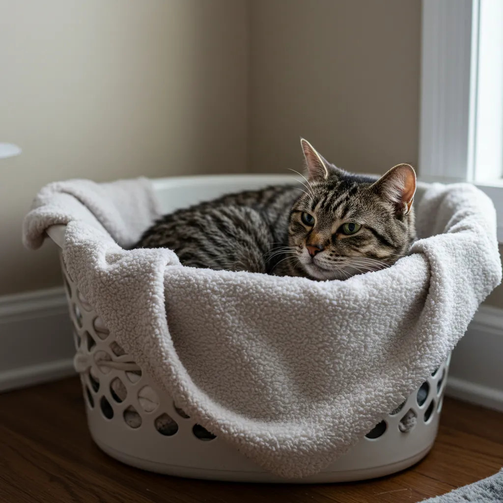 Senior cat purring in a laundry basket, illustrating senior cat purring changes in a cozy setting.