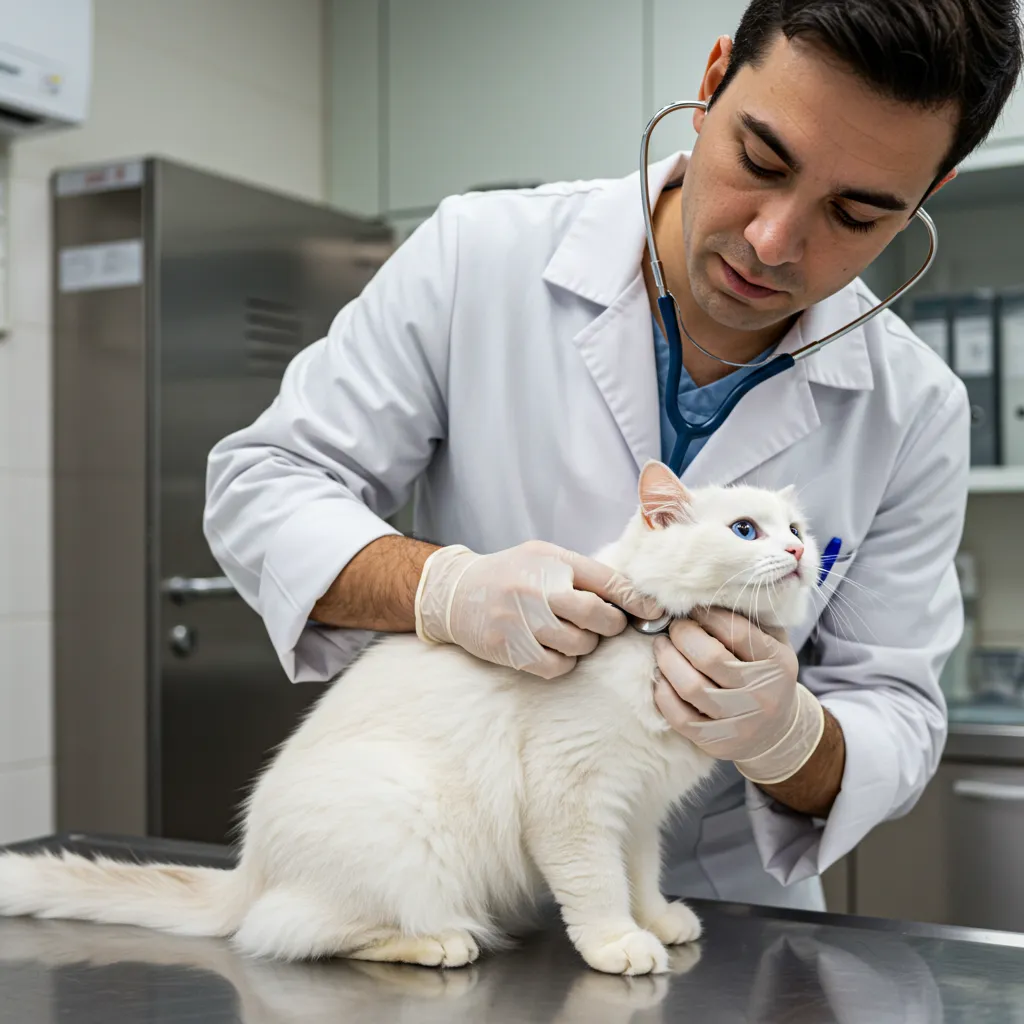 Veterinarian checking a cat’s throat for cat vocal cord health issues affecting purring.